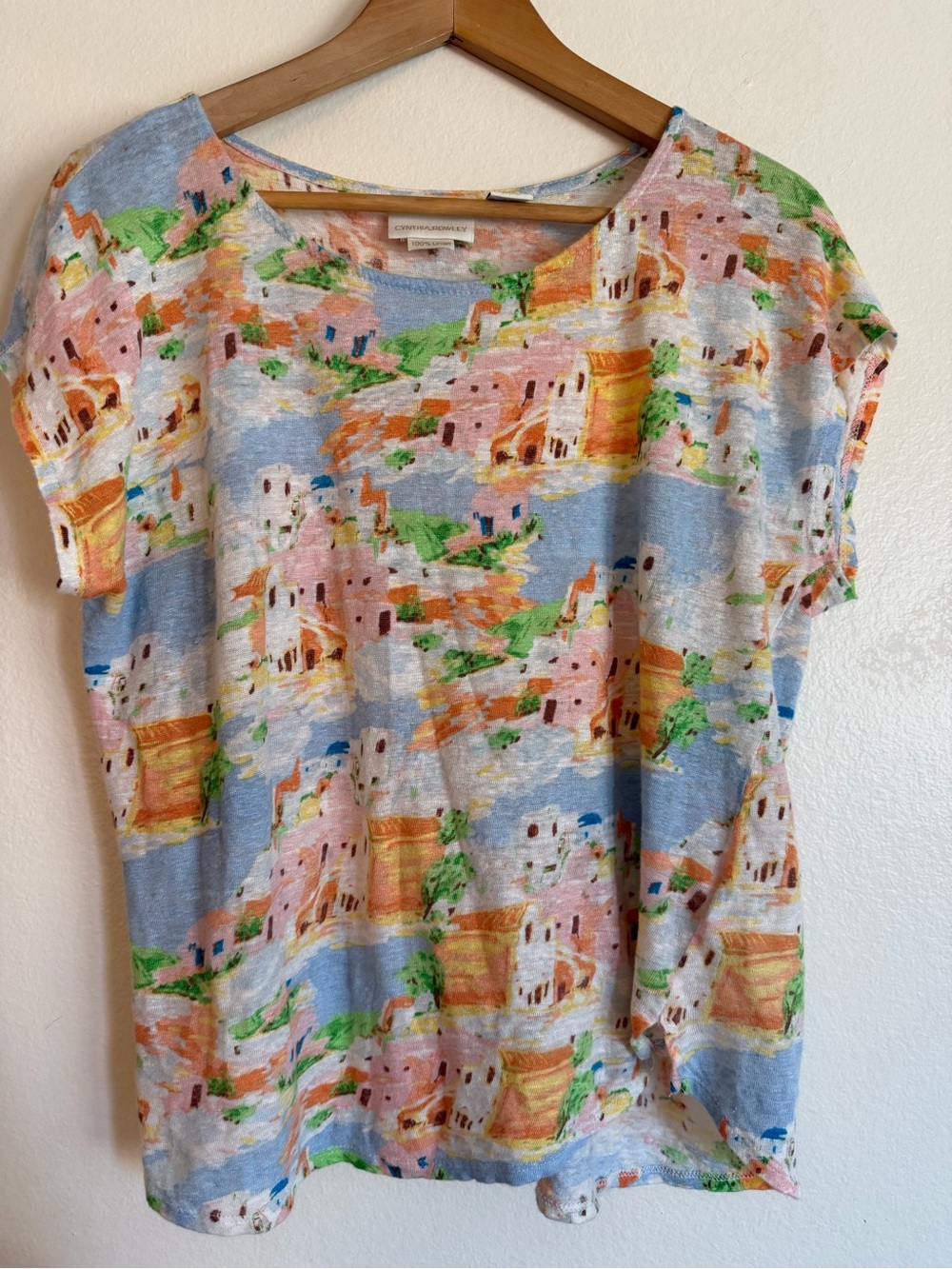 Cynthia Rowley Multicolor European Scenic Print Short Sleeve Linen Top